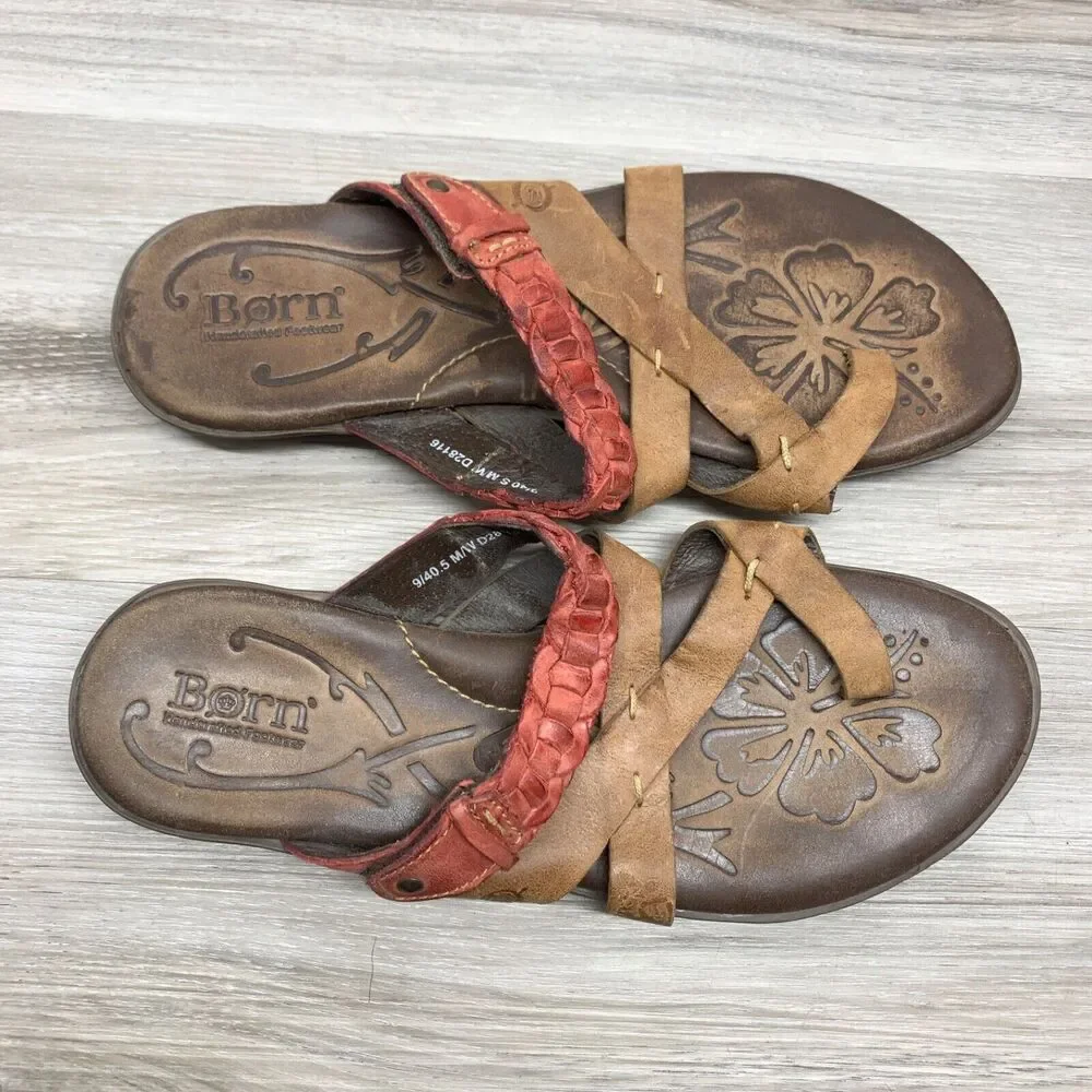 Born Makai Women's Slides Sandals US Size 9 Camel/Brick Leather Red Woven D28116
